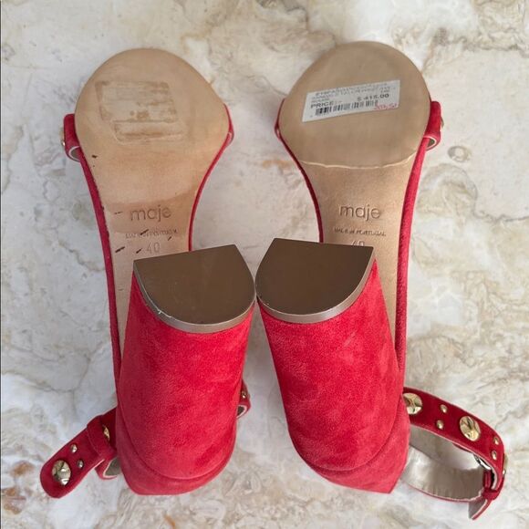 Maje Faria Red Suede Studded Chunky Heel Ankle Strap Sandals - Picture 12 of 14